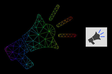 Spectral gradient mesh advertising megaphone icon. Geometric frame 2D network based on advertising megaphone icon, generated with triangular mesh network, with spectral gradient.のイラスト素材