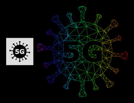 Spectral gradient network 5G virus icon. Geometric carcass flat net based on 5G virus icon, generated with polygonal mesh net, with spectral gradient.のイラスト素材