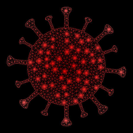 Illuminated network red virus icon with lightspots on a black background. Light vector mesh is based on red virus icon, with triangular mesh and scattered light dots.のイラスト素材