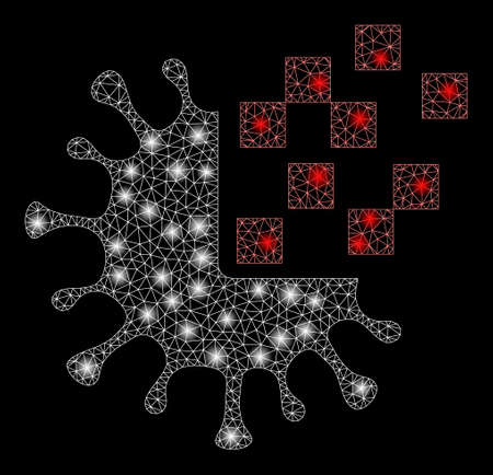 Glitter network virus synthesis icon with light spots on a black background. Illuminated vector model based on virus synthesis glyph, with triangular mesh and scattered light spots.のイラスト素材