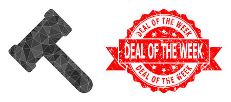 Low-Poly triangulated hammer icon illustration, and Deal of the Week rubber seal imitation. Red stamp seal has Deal of the Week title inside ribbon. Vector hammer icon is filled using triangle mosaic.のイラスト素材