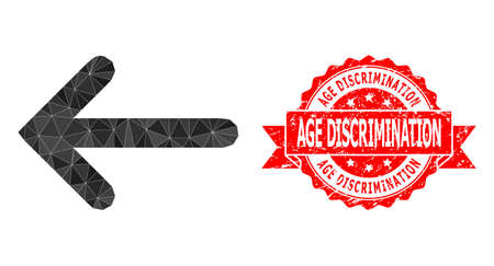 Lowpoly polygonal left arrow icon illustration, and Age Discrimination textured stamp. Red stamp seal includes Age Discrimination tag inside ribbon. Vector left arrow icon filled using triangles.のイラスト素材