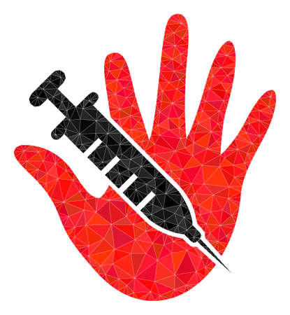 Low-Poly triangulated vaccine stop hand icon illustration. Vector vaccine stop hand icon filled with triangle mosaic. Low-poly vaccine stop hand is designed of random triangles.のイラスト素材