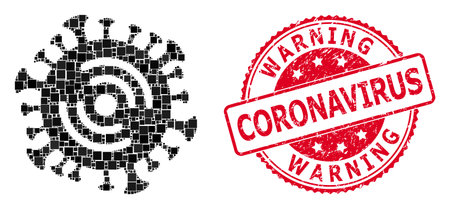 Vector mosaic virus icon, and Warning Coronavirus grunge round stamp seal. Red stamp seal contains Warning Coronavirus tag inside circle and rectangle.のイラスト素材