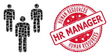 Vector mosaic men icon, and Human Resources Hr Manager scratched round stamp seal. Red seal includes Human Resources Hr Manager title inside circle and rectangle.のイラスト素材