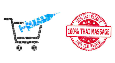 Vector mosaic vaccine shopping icon, and 100% Thai Massage corroded round stamp seal. Red stamp seal contains 100% Thai Massage tag inside circle and rectangle.のイラスト素材