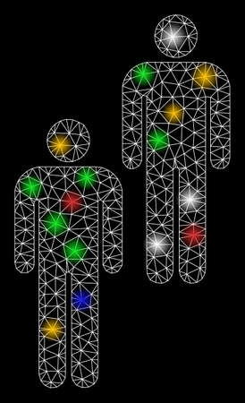 Glare mesh web persons icon with colored glowing spots. Illuminated vector mesh created from persons icon. Sparkle carcass mesh polygonal persons. Linear carcass 2D mesh in vector format, lines,のイラスト素材
