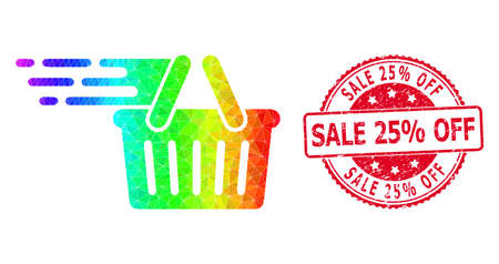 Red round scratched SALE 25% OFF seal and lowpoly shopping basket icon with spectrum vibrant...