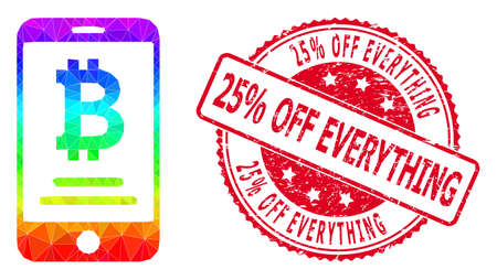 Red round rubber 25% OFF EVERYTHING stamp seal and lowpoly mobile bitcoin account icon with spectrum...
