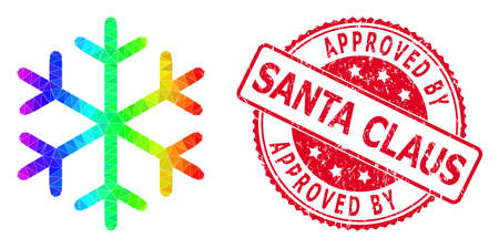 Red round scratched APPROVED BY SANTA CLAUS stamp seal and lowpoly snowflake icon with rainbow vibrant gradient.のイラスト素材