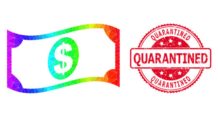 Red round dirty QUARANTINED seal and low-poly waving dollar banknote icon with rainbow colorful gradient. Triangulated spectrum vibrant waving dollar banknote polygonal icon illustration.のイラスト素材