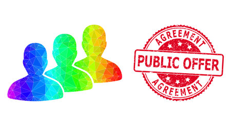 Red round corroded AGREEMENT PUBLIC OFFER badge and lowpoly men group icon with spectrum colorful gradient. Triangulated spectrum vibrant men group polygonal icon illustration.のイラスト素材