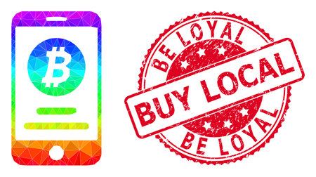 Red round dirty BE LOYAL BUY LOCAL badge and lowpoly mobile bitcoin account icon with rainbow vibrant gradient.のイラスト素材