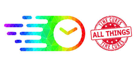 Red round scratched TIME CURES ALL THINGS seal and lowpoly speed time icon with spectrum colored...