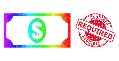 Red round rubber REQUIRED stamp seal and low-poly usd banknote icon with spectrum colored gradient. Triangulated rainbow colored usd banknote polygonal icon illustration.のイラスト素材