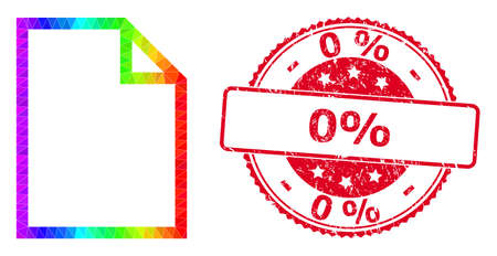 Red round scratched 0% badge and low-poly paper page icon with spectral colored gradient. Triangulated rainbow colored paper page polygonal icon illustration. and 0% scratched round red seal.のイラスト素材