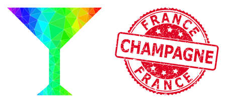 Red round grunge FRANCE CHAMPAGNE stamp seal and low-poly martini cup icon with spectrum colored gradient. Triangulated rainbow colorful martini cup polygonal symbol illustration.のイラスト素材