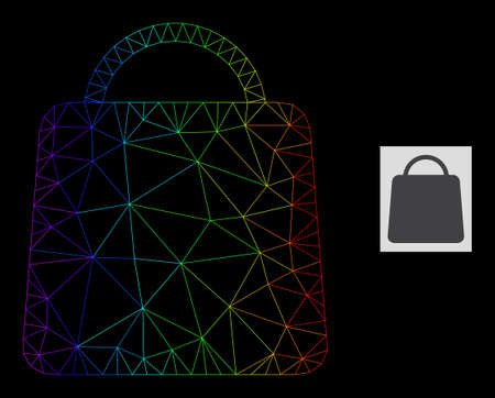 Spectral gradient mesh shopping bag icon. Geometric frame flat net is based on shopping bag icon, generated with triangle mesh net, with spectral gradient.のイラスト素材