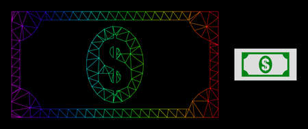 Rainbow gradient mesh usd banknote icon. Geometric frame 2D net based on usd banknote icon, generated with triangular mesh carcass, with rainbow gradient.のイラスト素材
