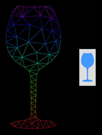 Rainbow gradient net wine glass icon. Geometric frame flat net based on wine glass icon, generated with triangular mesh net, with rainbow gradient.のイラスト素材