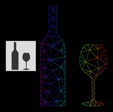 Spectral gradiented net wine glassware icon. Geometric carcass 2D net based on wine glassware icon, generated with polygonal mesh net, with spectral gradient.のイラスト素材