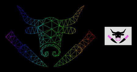 Rainbow gradient mesh cow butchery icon. Geometric carcass 2D net based on cow butchery icon, generated with polygonal mesh carcass, with rainbow gradient.のイラスト素材