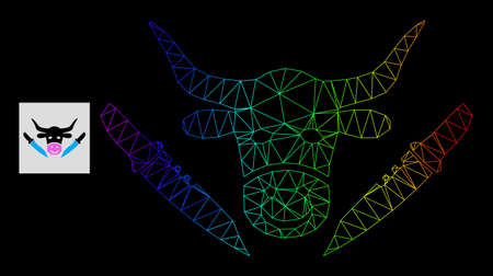 Rainbow gradiented net cow butchery icon. Geometric carcass 2D net based on cow butchery icon, generated with triangle mesh net, with spectral gradient.のイラスト素材