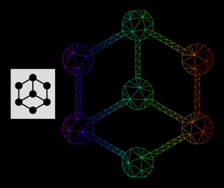 Spectral gradient network isometric cube icon. Geometric carcass 2D network based on isometric cube icon, generated from triangle mesh network, with spectrum gradient.のイラスト素材