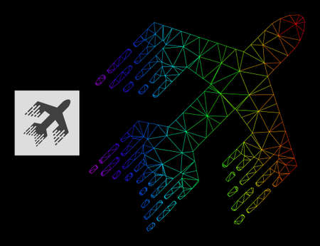 Spectral gradient mesh jet plane icon. Geometric carcass 2D net is based on jet plane icon, generated with triangular mesh net, with rainbow gradient.のイラスト素材
