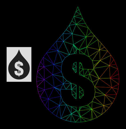 Rainbow gradient network oil drop price icon. Geometric frame flat network is based on oil drop price icon, generated from polygonal mesh network, with spectrum gradient.のイラスト素材