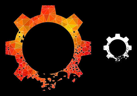 Low-poly damaged gear icon with flame vibrant gradient. Triangulated flame colorful damaged gear polygonal symbol illustration.のイラスト素材