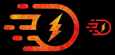 Low-poly electric participle icon with fire colorful gradient. Triangulated orange colorful electric...