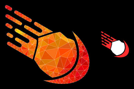 Low-poly meteor icon with fire vibrant gradient. Triangulated fire colored meteor polygonal icon illustration. Polygonal meteor vector is filled with randomized colorful triangles.のイラスト素材