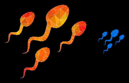 Low-poly sperm cells icon with orange vibrant gradient. Triangulated flame colorful sperm cells polygonal icon illustration. Polygonal sperm cells vector is designed from chaotic colorful triangles.のイラスト素材