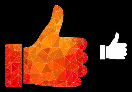Low-poly thumb up icon with flame vibrant gradient. Triangulated flame vibrant thumb up polygonal icon illustration. Polygonal thumb up vector is constructed with chaotic vibrant triangles.のイラスト素材