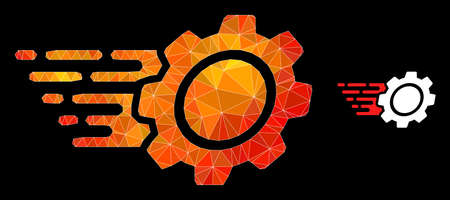 Low-poly gear icon with orange vibrant gradient. Triangulated orange colorful gear polygonal 2d illustration. Polygonal gear vector is designed with scattered colorful triangles.のイラスト素材