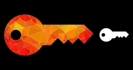 lowpoly key icon with flame colored gradient. Triangulated flame colored key polygonal symbol illustration. Polygonal key vector is combined with random colored triangles.のイラスト素材