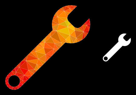 Low-poly spanner icon with fire vibrant gradient. Triangulated fire vibrant spanner polygonal icon illustration. Polygonal spanner vector is filled from scattered vibrant triangles.のイラスト素材