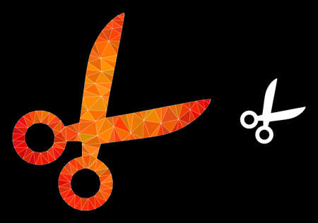 lowpoly scissors icon with fire colorful gradient. Triangulated fire colorful scissors polygonal symbol illustration. Polygonal scissors vector designed with chaotic bright triangles.のイラスト素材
