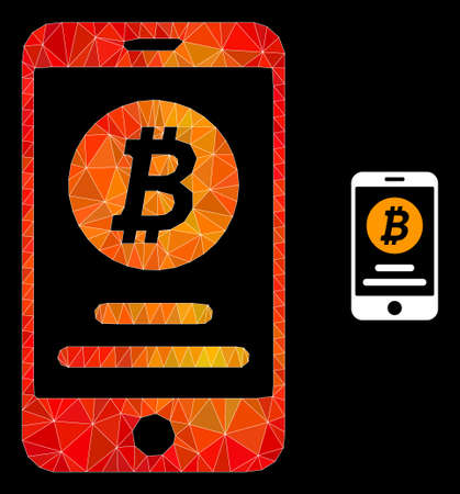 Low-poly mobile bitcoin account icon with fire colorful gradient. Triangulated fire vibrant mobile bitcoin account polygonal symbol illustration.のイラスト素材