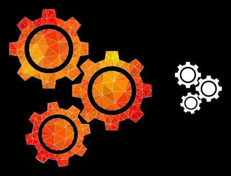 lowpoly gears icon with orange colored gradient. Triangulated flame colored gears polygonal 2d illustration. Polygonal gears vector is combined with scattered colored triangles.のイラスト素材