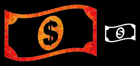 Low-poly waving dollar banknote icon with flame colored gradient. Triangulated orange colored waving dollar banknote polygonal 2d illustration.のイラスト素材