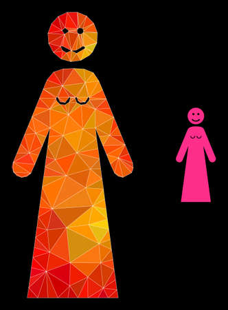 lowpoly happy woman icon with fire colorful gradient. Triangulated fire colorful happy woman polygonal icon illustration. Polygonal happy woman vector filled of random vibrant triangles.のイラスト素材