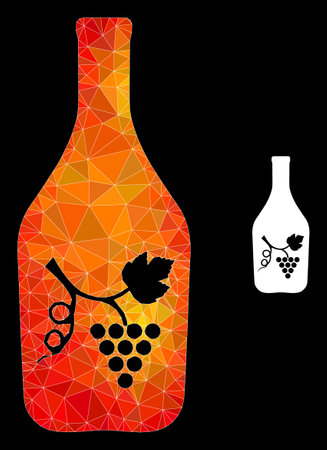 Low-poly wine bottle icon with orange colored gradient. Triangulated orange colored wine bottle polygonal icon illustration. Polygonal wine bottle vector is filled with scattered colored triangles.のイラスト素材