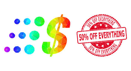 Red round dirty 50% OFF EVERYTHING stamp seal and low-poly fast dollar icon with rainbow colorful gradient.のイラスト素材
