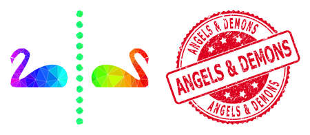 Red round rubber ANGELS & DEMONS badge and low-poly separate swans icon with spectrum vibrant gradient.のイラスト素材