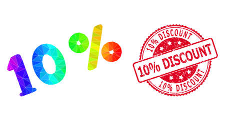Red round textured 10% DISCOUNT seal and lowpoly 10 percents icon with rainbow colored gradient.のイラスト素材