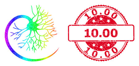 Red round unclean 10.00 stamp and lowpoly neuron icon with rainbow colored gradient. Triangulated spectrum colored neuron polygonal 2d illustration. and 10.00 grunge round red stamp.のイラスト素材
