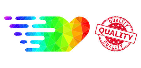 Red round scratched QUALITY stamp and low-poly rush lovely heart icon with rainbow vibrant gradient.のイラスト素材