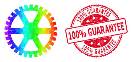 Red round scratched 100% GUARANTEE seal and lowpoly clock gearwheel icon with spectral colored gradient.のイラスト素材